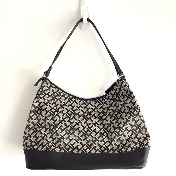Tommy Hilfiger Monogram Canvas Shoulder Bag Hobo Handbag Purse Black Tan Logo - Picture 2 of 12